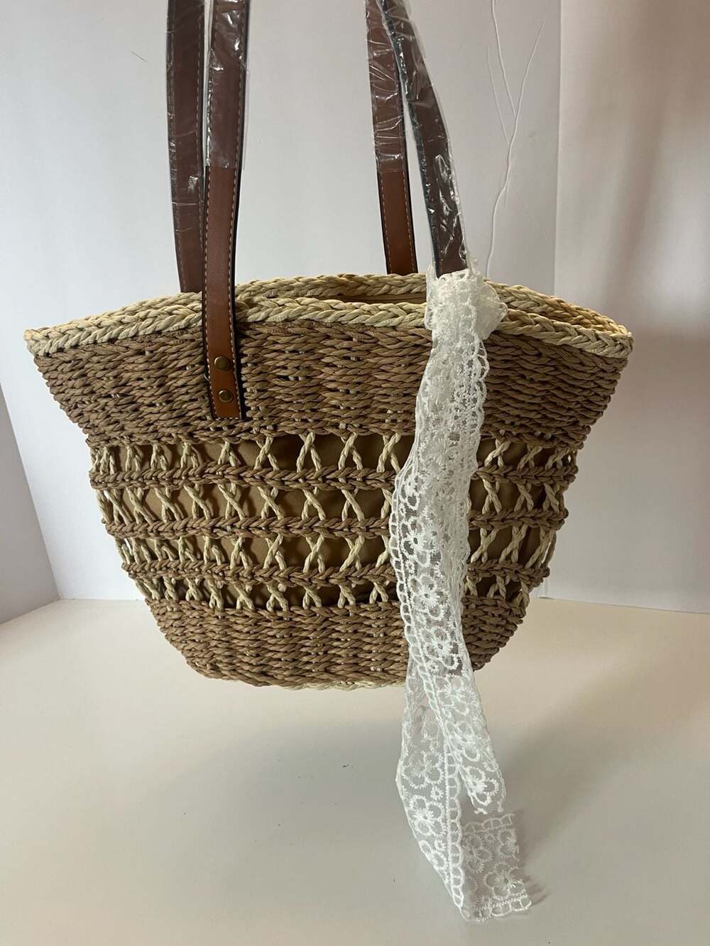 Lace Bow Summer Straw Basket Tote Bag